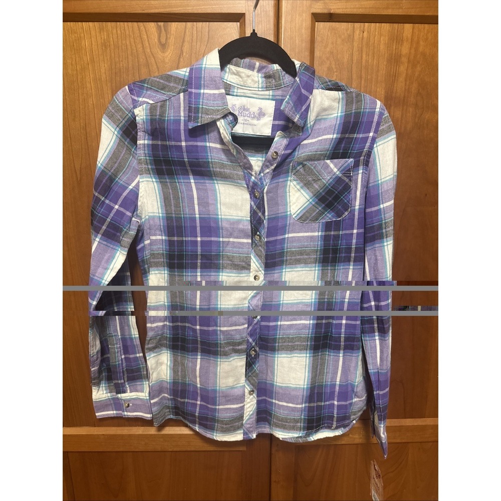 Mudd bottom-Up plaid long sleeve shirt , size Girls 16, Purple/blue/black/white
